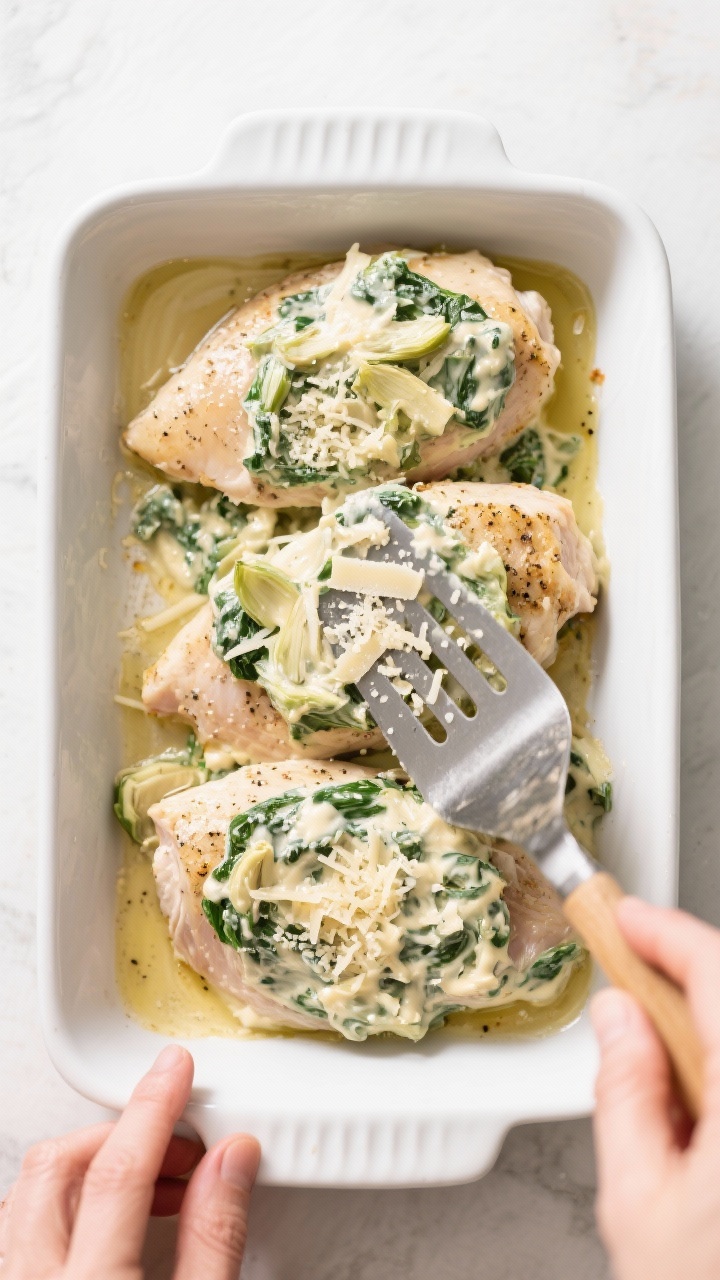 Cooking process: Overhead shot of seasoned chicken breasts in a lightly oiled 9x13 baking dish just 