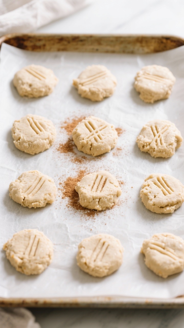 Cooking process: Overhead shot of shaped almond flour cookie dough mounds on parchment-lined baking
