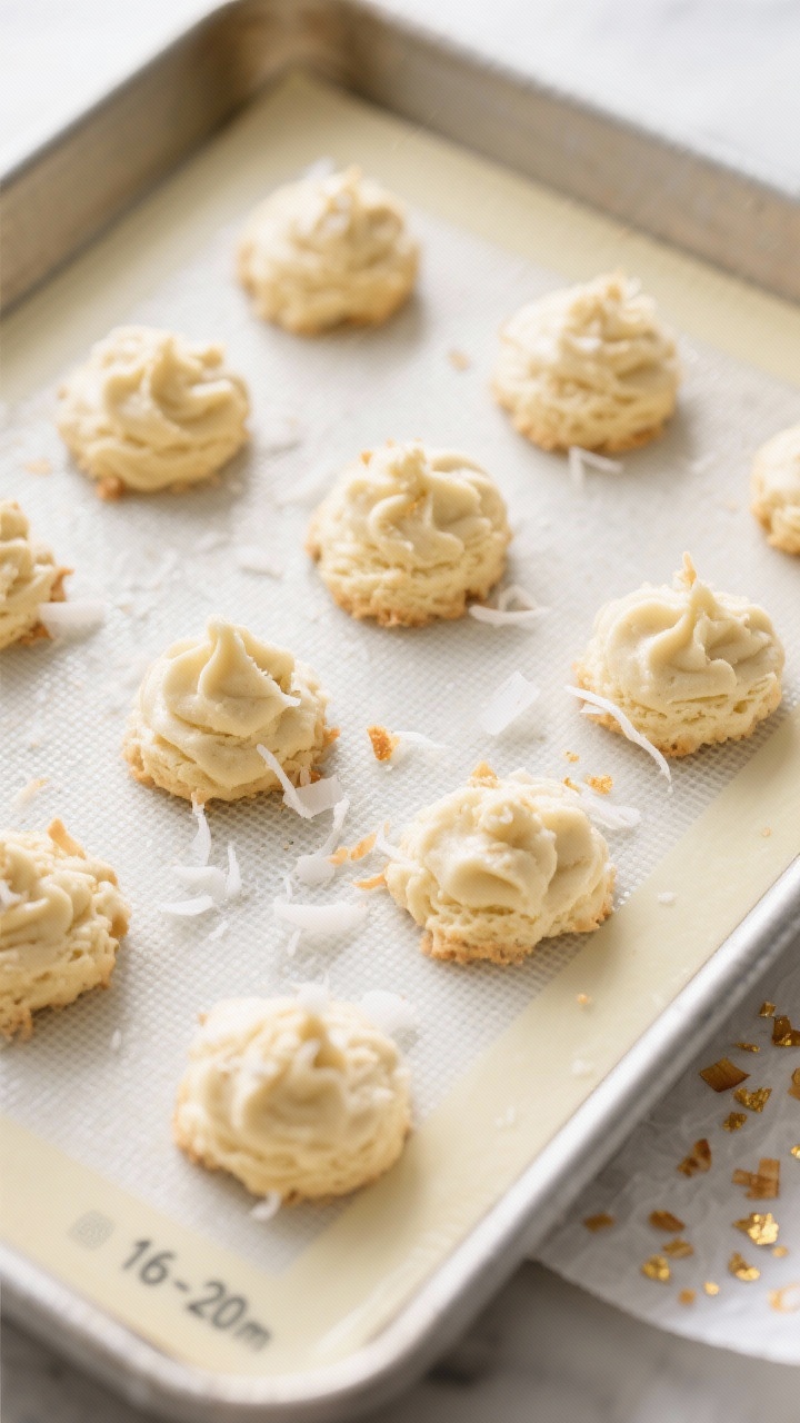 Cooking process: Overhead shot of shaped macaroon mounds on a silicone mat right before baking, even