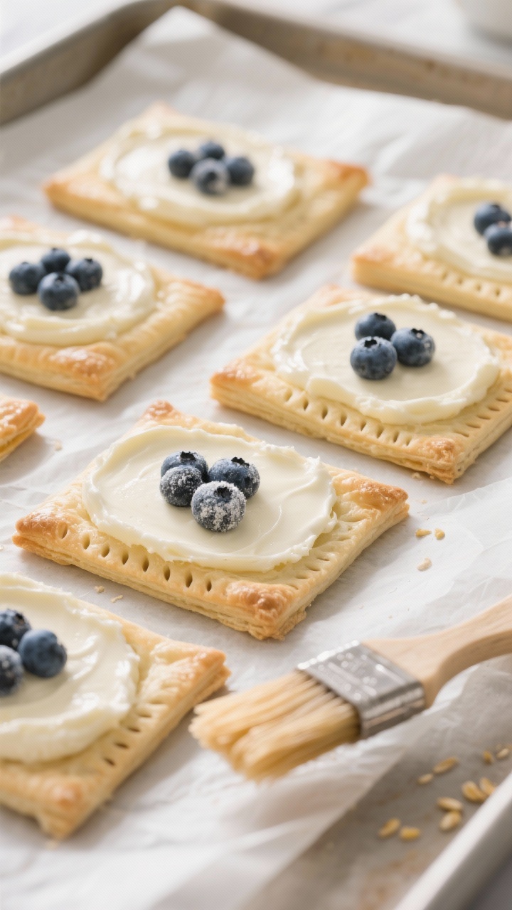 Cooking process: Overhead shot of shaped puff pastry rectangles on parchment, each piece scored with