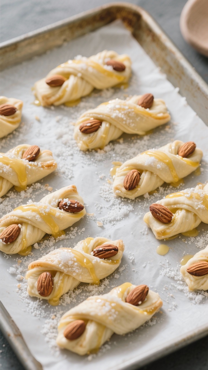Cooking process: Overhead shot of shaped puff pastry twists on a parchment-lined sheet pan moments b