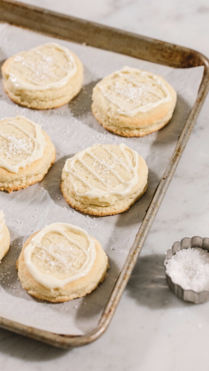 Cooking process: Overhead shot of shaped shortcake rounds on a parchment-lined baking sheet right be