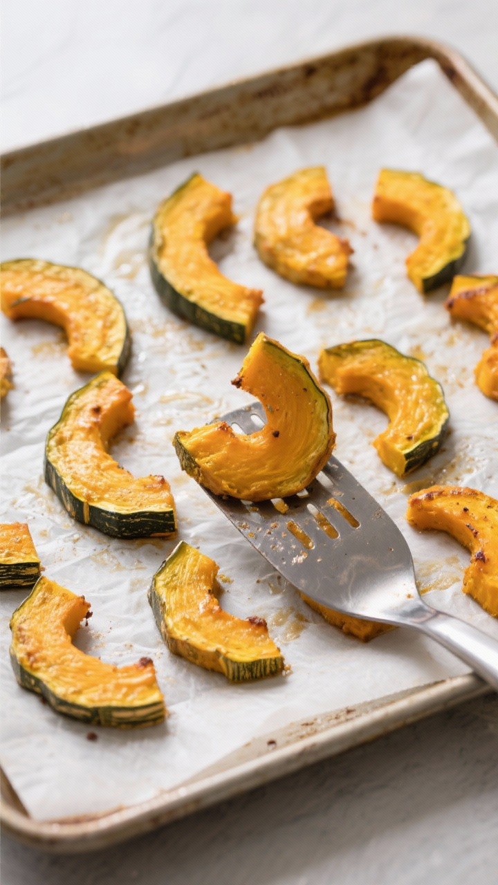 Cooking process: Overhead shot of shaped squash bites being flipped halfway through baking with a th