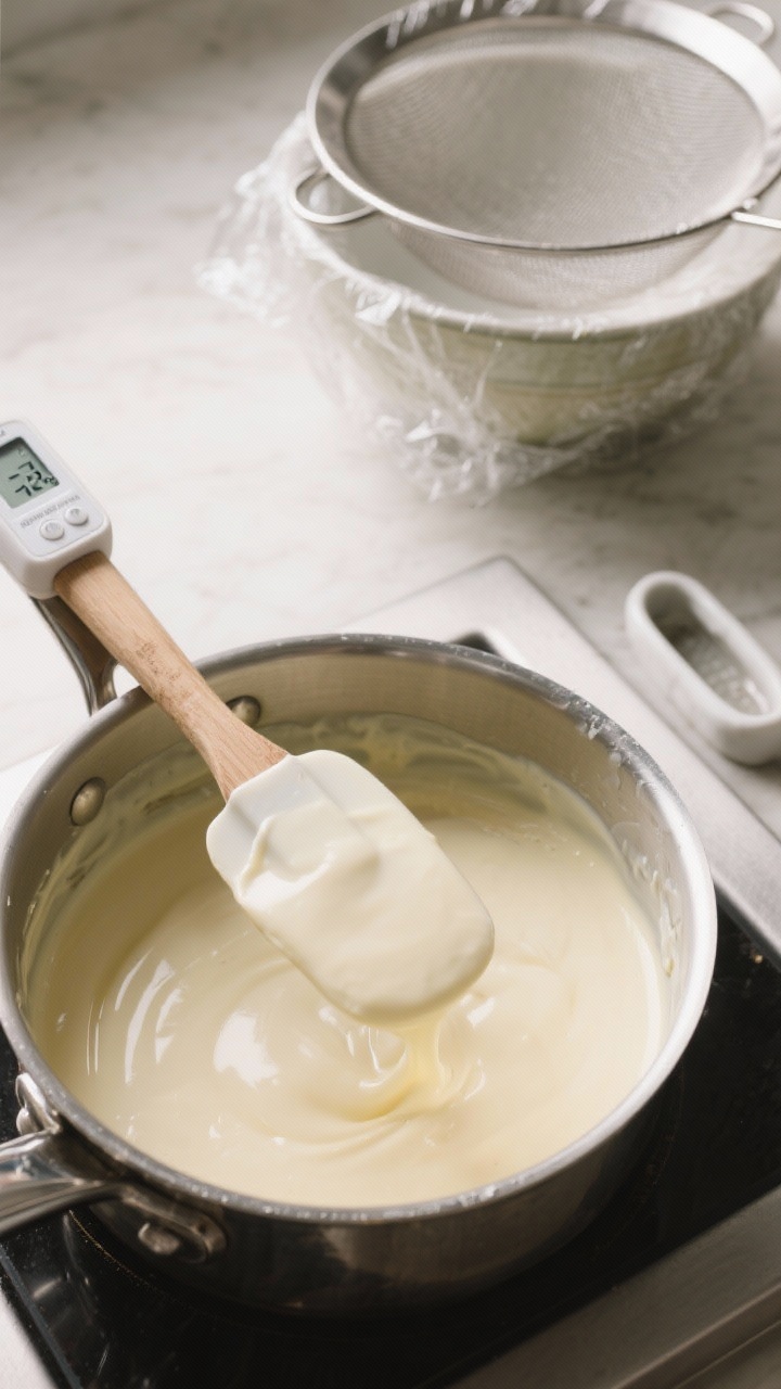 Cooking process: Overhead shot of silky custard coating the back of a spatula over a saucepan, with 