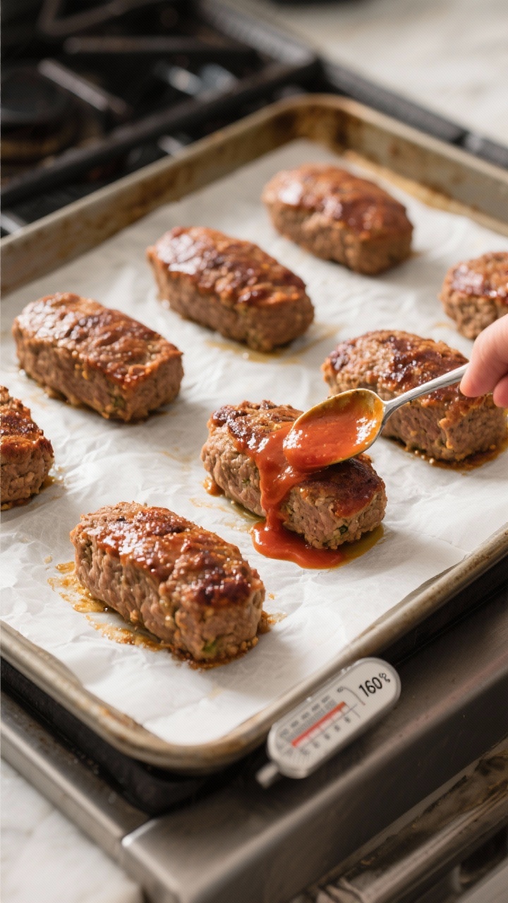 Cooking process: Overhead shot of six oval mini meatloaves spaced on a parchment-lined sheet pan at