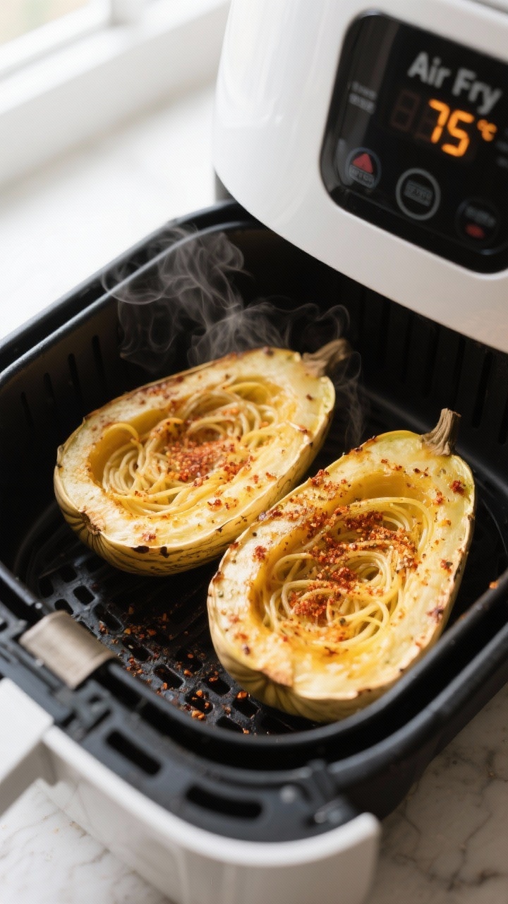 Cooking process: Overhead shot of spaghetti squash halves in an air fryer basket, cut-side up for th