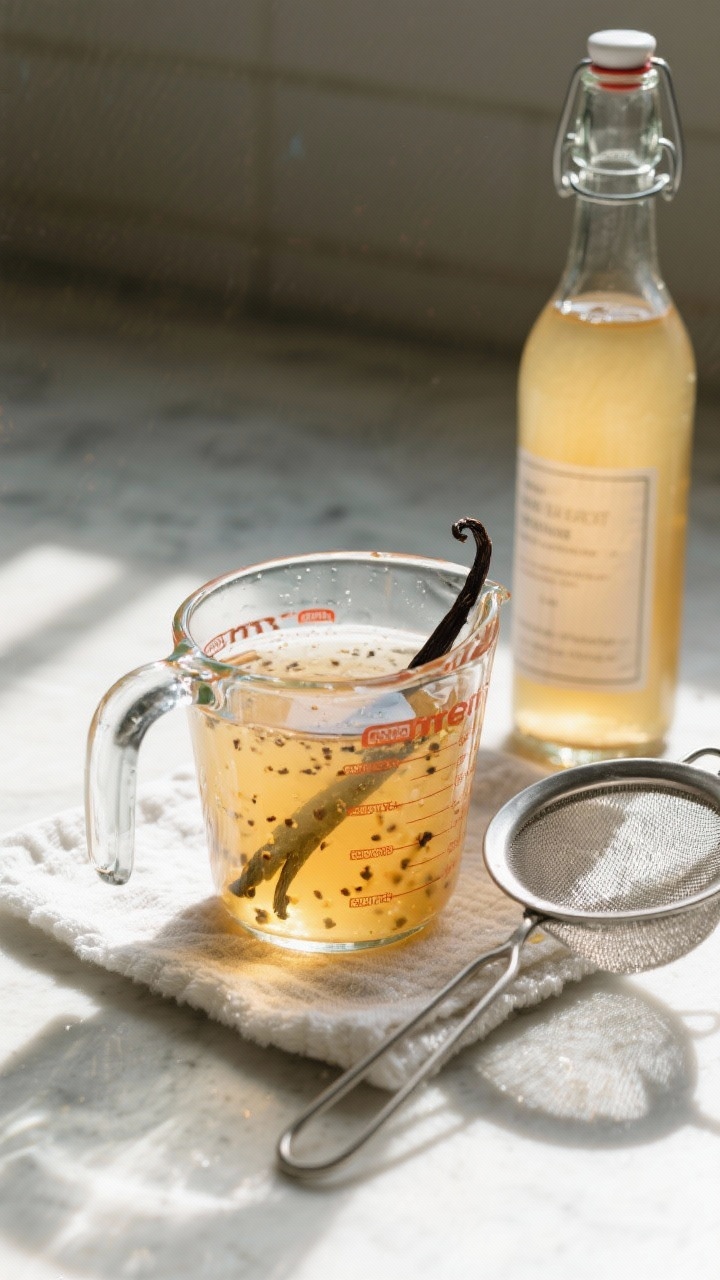 Cooking process: Overhead shot of strained, fragrant vanilla bean syrup cooling in a heat-safe glass