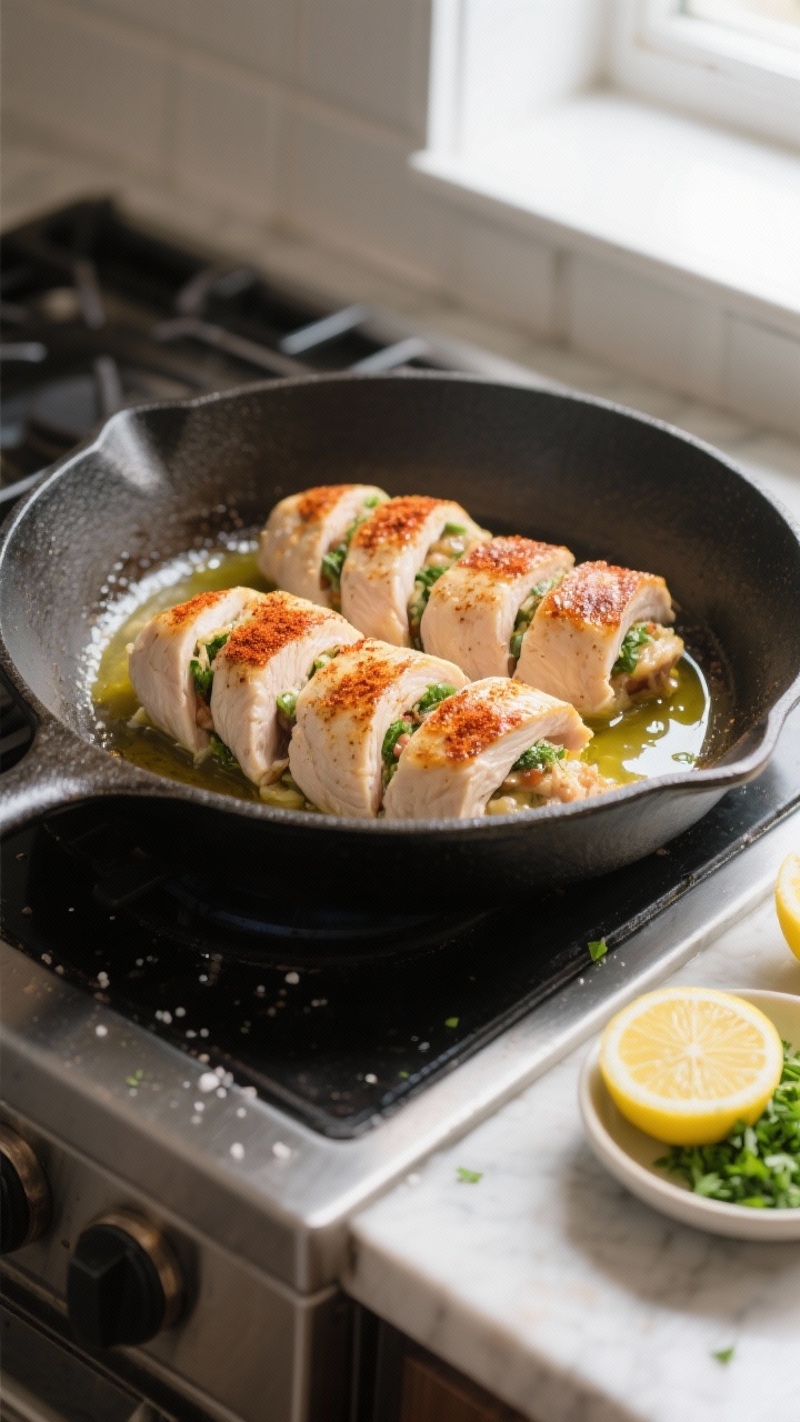 Cooking process: Overhead shot of stuffed chicken breasts just transferred to the oven-safe skillet 