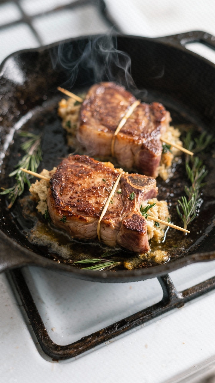 Cooking process: Overhead shot of stuffed pork chops searing in an oven-safe skillet, each chop secu