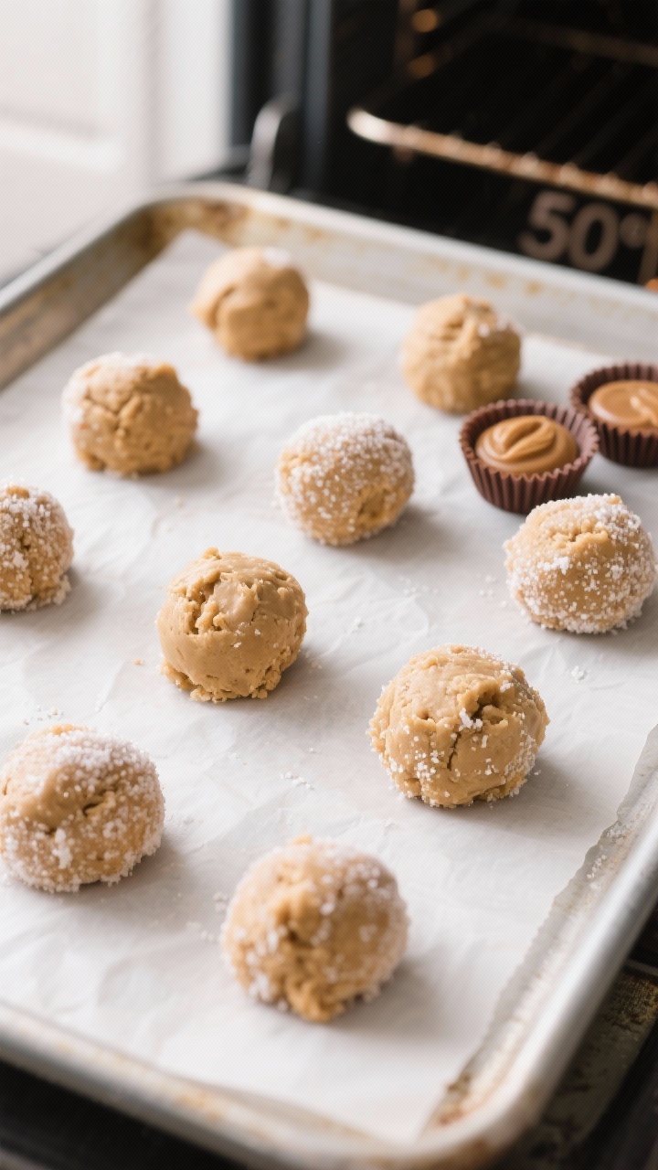 Cooking process: Overhead shot of sugar-rolled peanut butter cookie dough balls on a parchment-lined