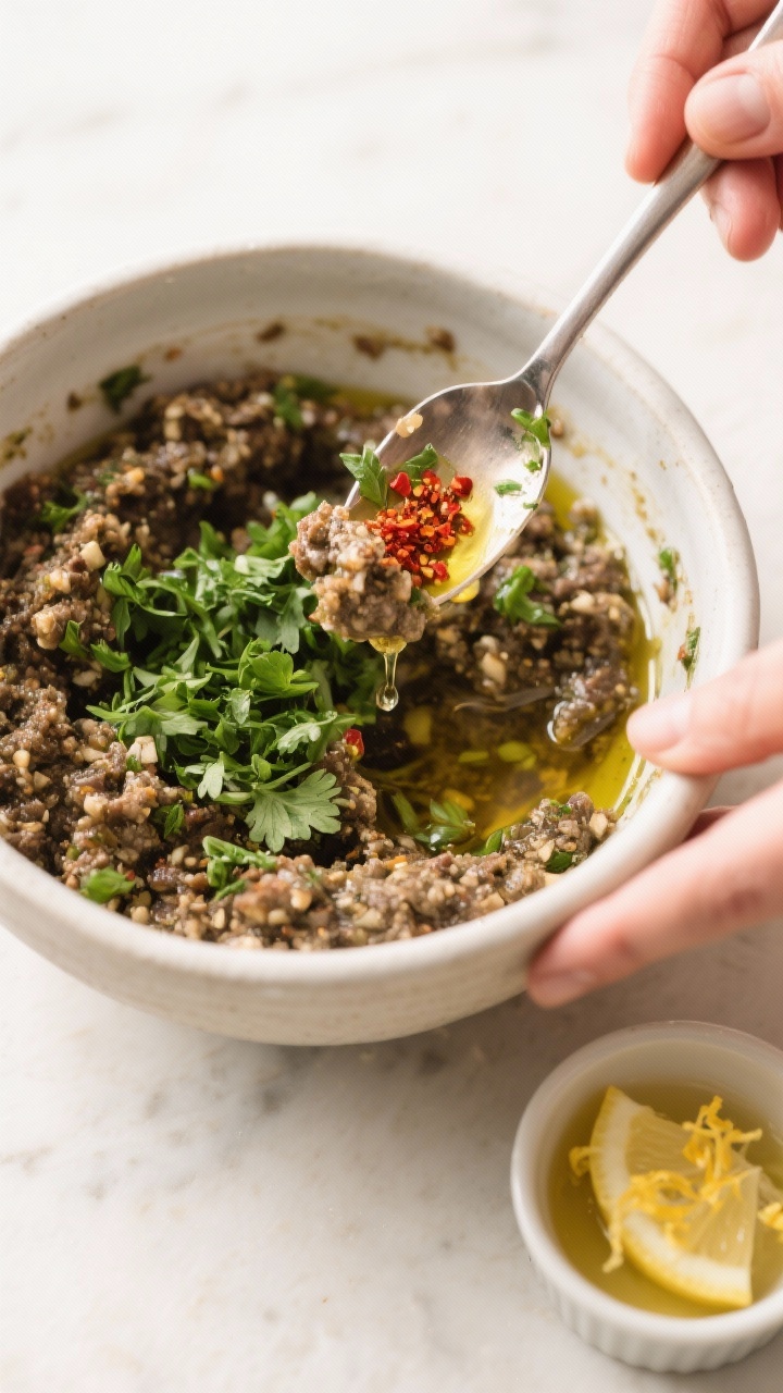 Cooking process: Overhead shot of tapenade being adjusted for texture in a mixing bowl—spoon foldi
