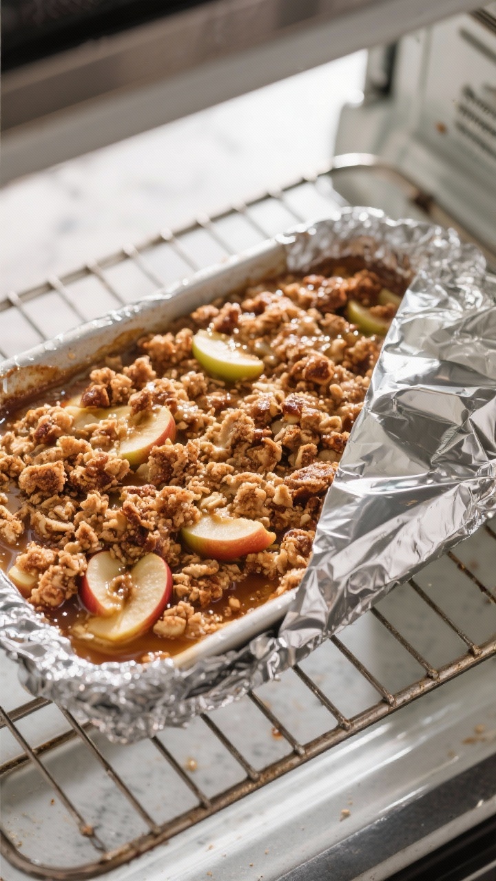 Cooking process: Overhead shot of the assembled apple crisp mid-bake on the oven rack, topping evenl
