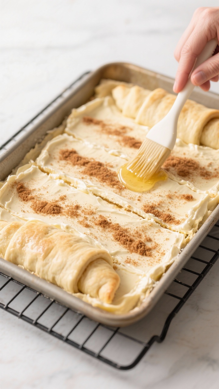 Cooking process: Overhead shot of the assembled bars before baking—top crescent dough laid smooth 