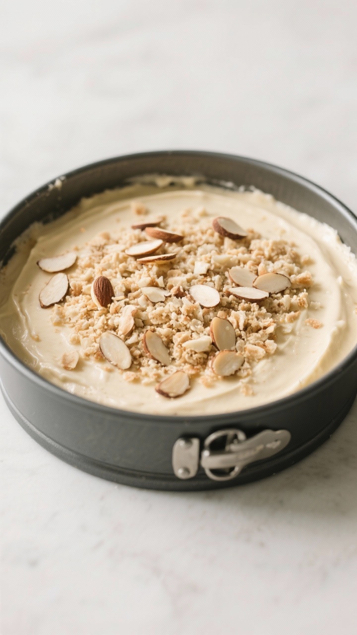 Cooking process: Overhead shot of the assembled cake right before baking, batter spread evenly in a
