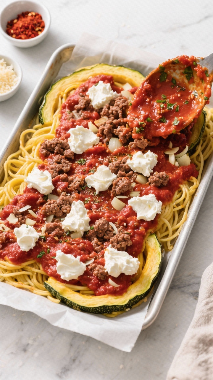 Cooking process: Overhead shot of the assembled casserole before baking—layer of veggie “noodles