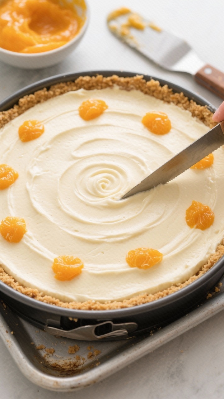 Cooking process: Overhead shot of the assembled cheesecake batter in the springform pan before bakin
