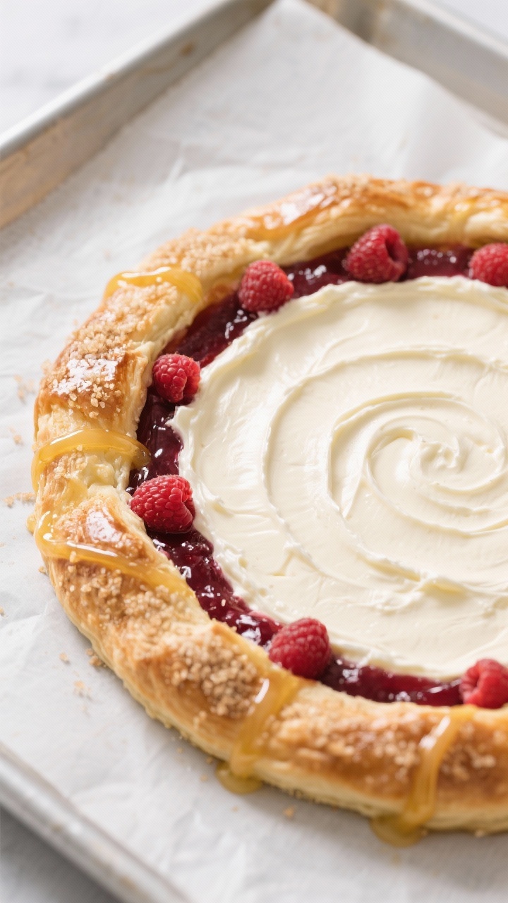 Cooking process: Overhead shot of the assembled danish right before baking, showing the smooth cream