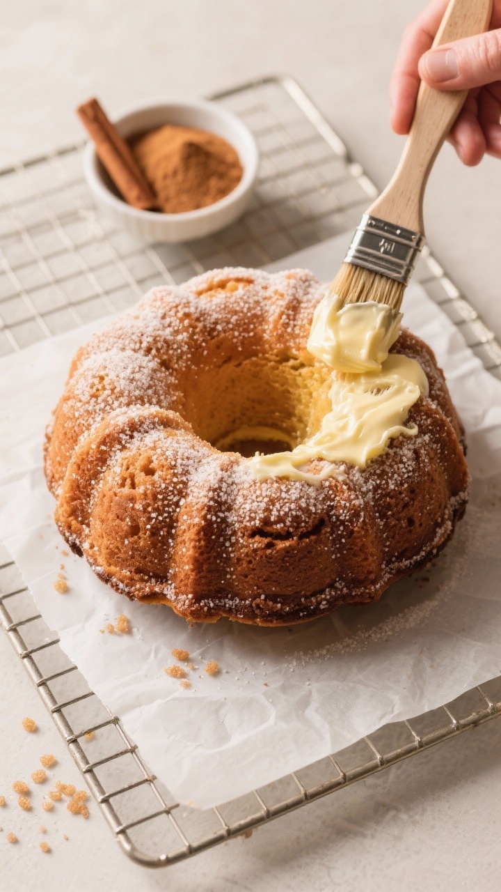 Cooking process: Overhead shot of the baked bundt set on a wire rack over parchment, with a small bo