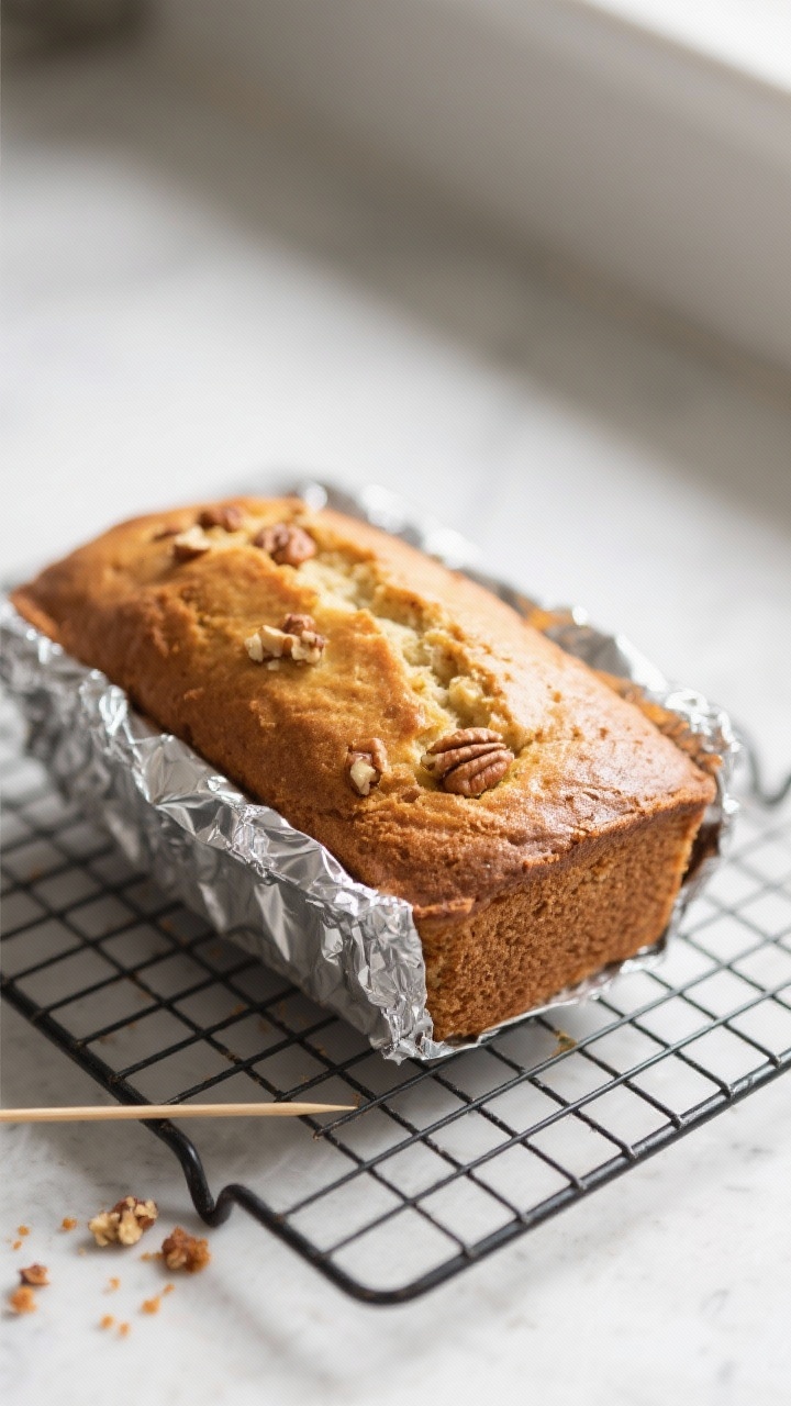 Cooking process: Overhead shot of the baked loaf cooling on a wire rack after coming out of the oven