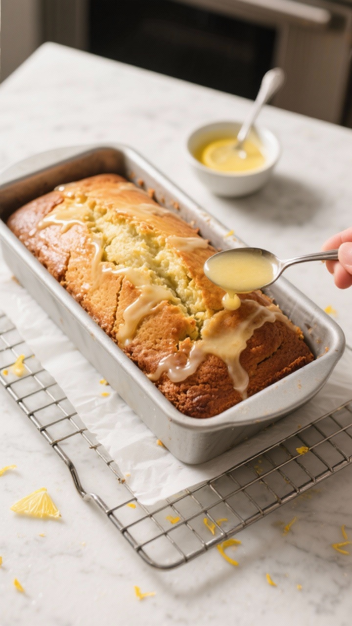 Cooking process: Overhead shot of the baked loaf just out of the pan being glazed on a wire rack; a 