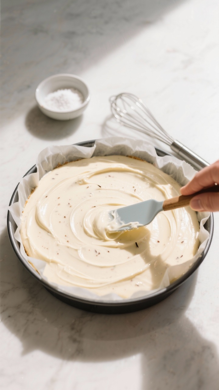 Cooking process: Overhead shot of the batter being smoothed into an 8-inch round parchment-lined cak