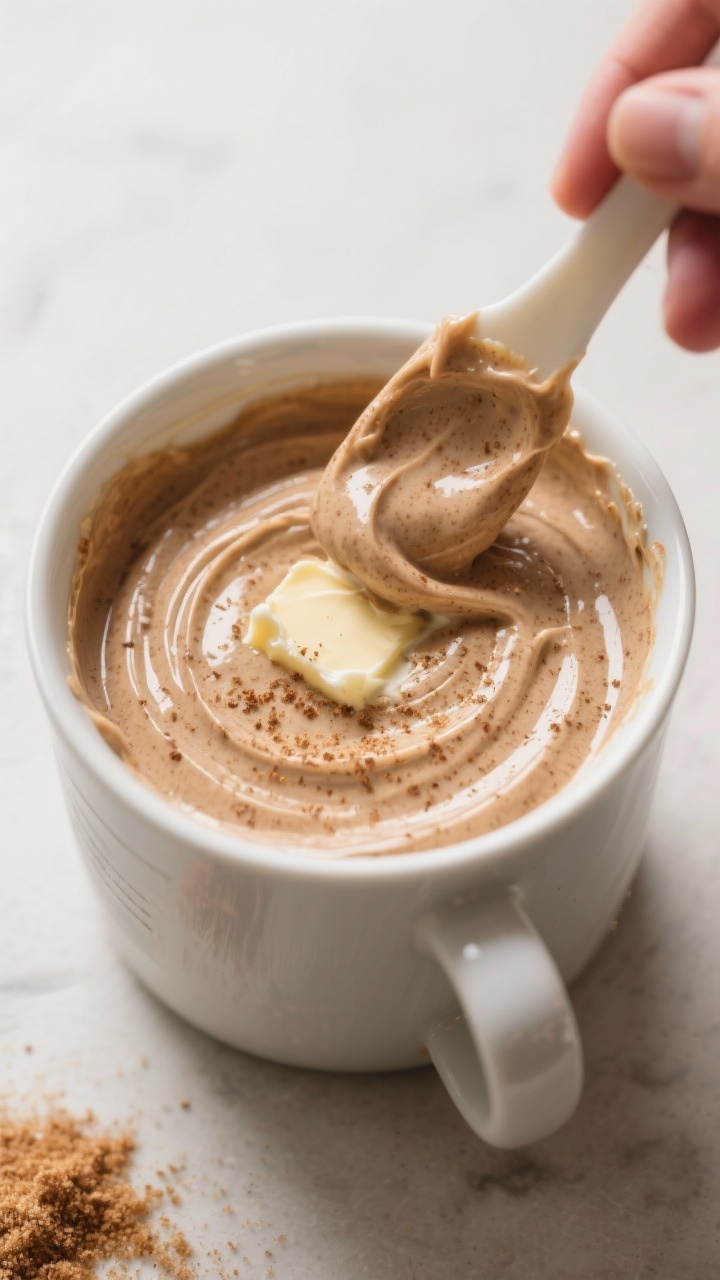 Cooking process: Overhead shot of the batter thickness check stage in the mug—thick but scoopable 