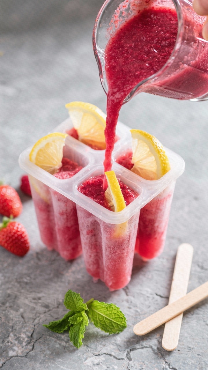 Cooking process: Overhead shot of the blended berry purée being poured from a pitcher into ice pop 