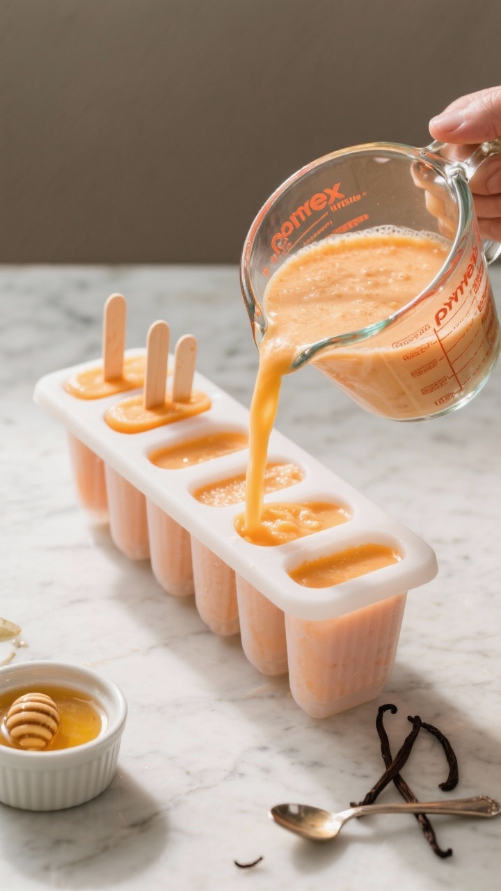 Cooking process: Overhead shot of the blended creamsicle base being poured from a glass measuring ju