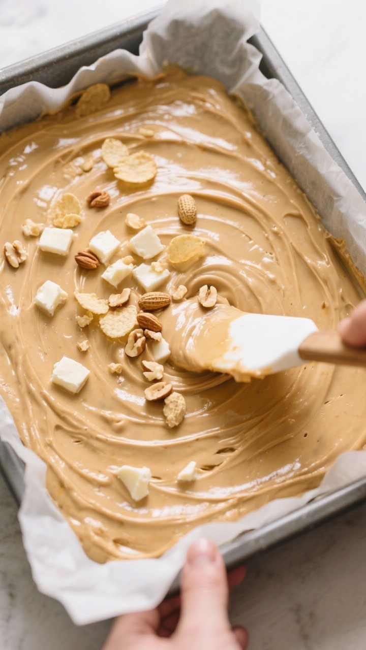 Cooking process: Overhead shot of the blondie batter being smoothed evenly into the parchment-lined