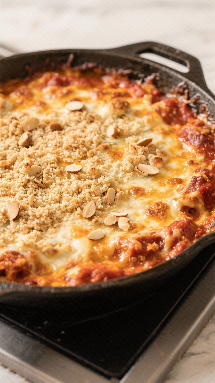 Cooking process: Overhead shot of the casserole mid-broil in an oven-safe skillet, top turning deep 