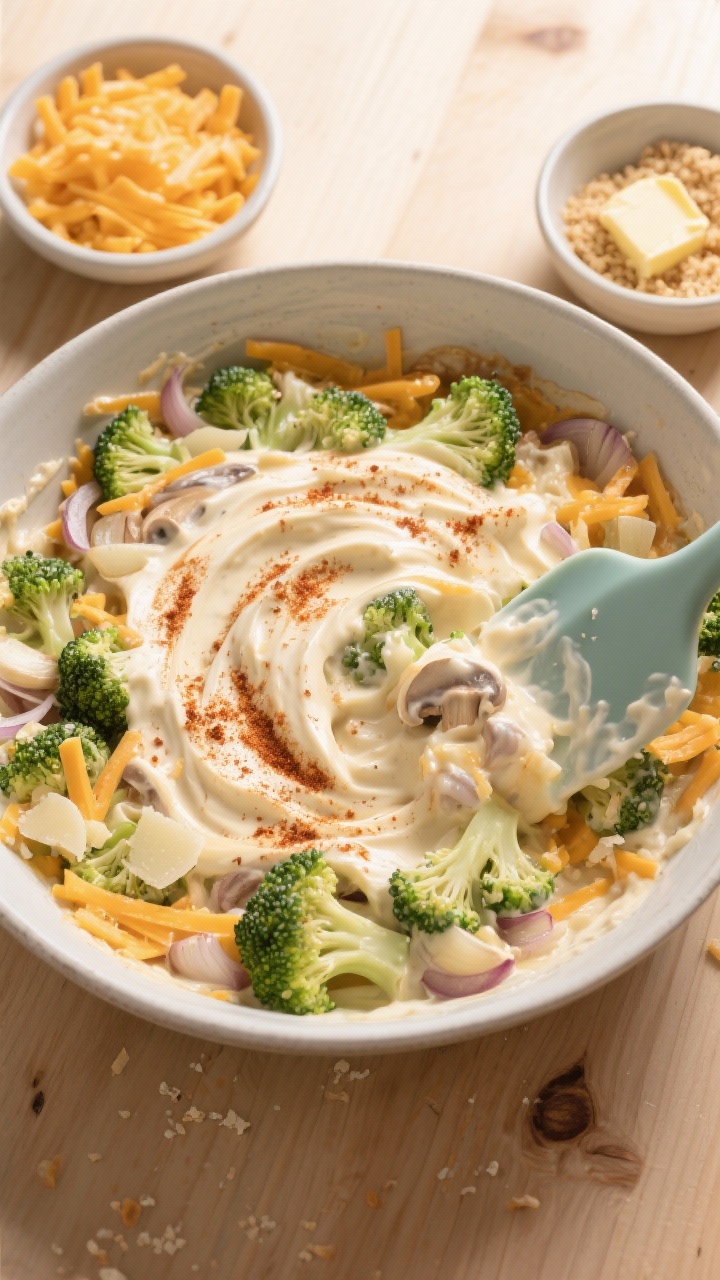 Cooking process: Overhead shot of the casserole mixture being folded together in a large bowl; fully