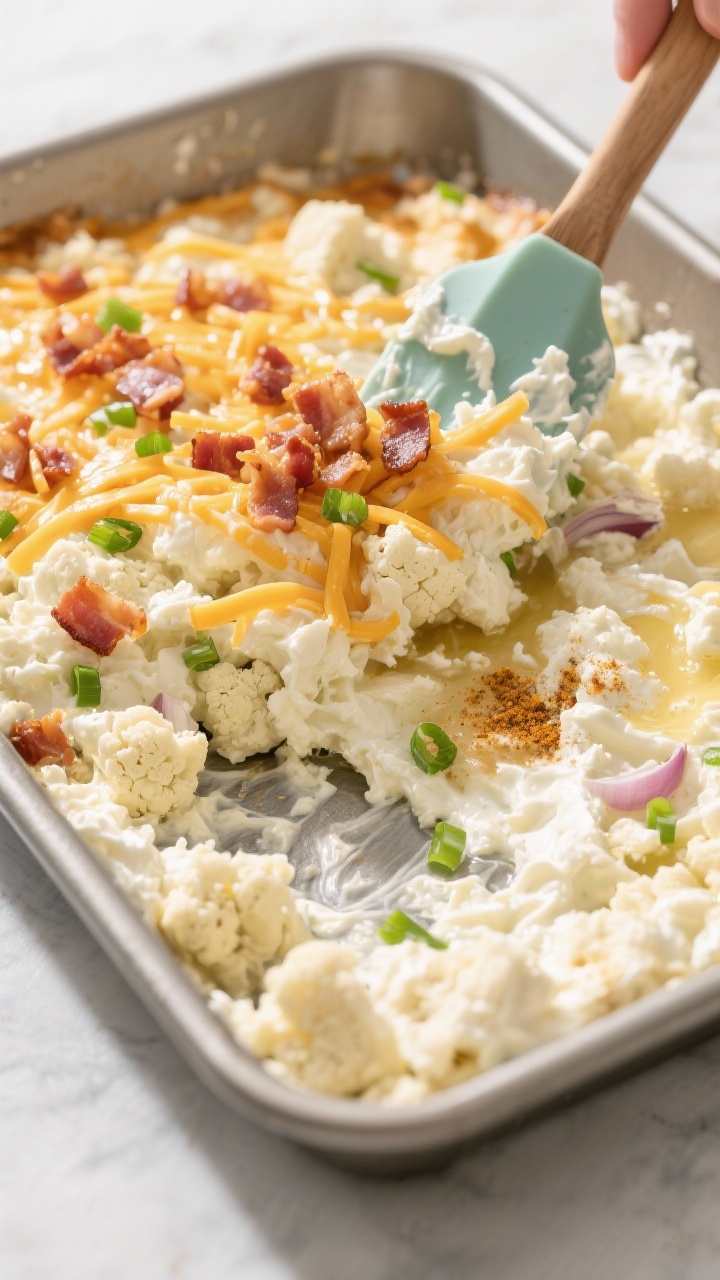 Cooking process: Overhead shot of the casserole mixture being spread into a greased 9x13 dish with a
