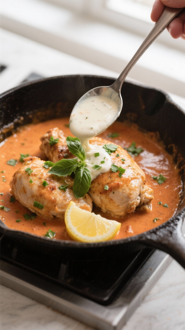 Cooking process: Overhead shot of the chicken nestled back into the skillet, sauce just thickened wi