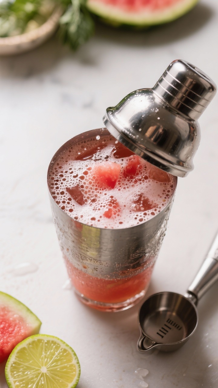 Cooking process: Overhead shot of the cocktail base in a shaker right after shaking—lid off to sho