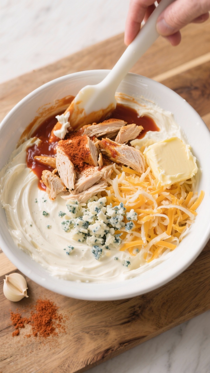Cooking process: Overhead shot of the creamy dip base being mixed in a large bowl—softened cream c