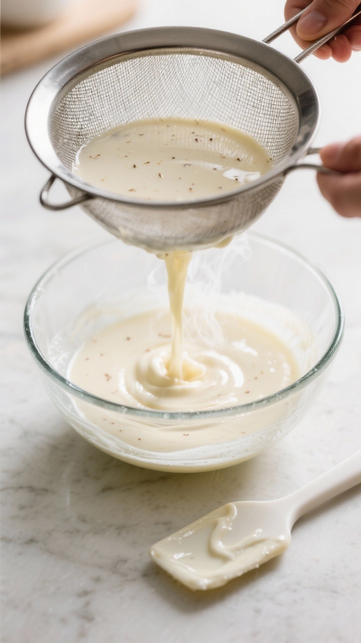 Cooking process: Overhead shot of the custard base being strained through a fine-mesh sieve into a g