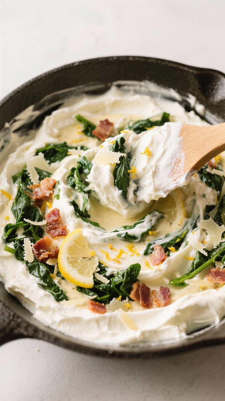 Cooking process: Overhead shot of the dip mixture being folded together in an oven-safe skillet—cr