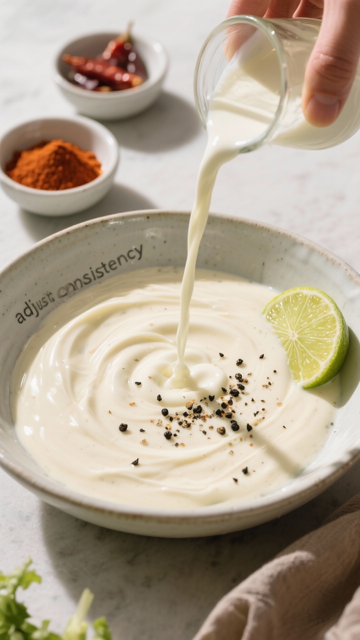Cooking process: Overhead shot of the dressing at the “adjust consistency” stage in a medium mix