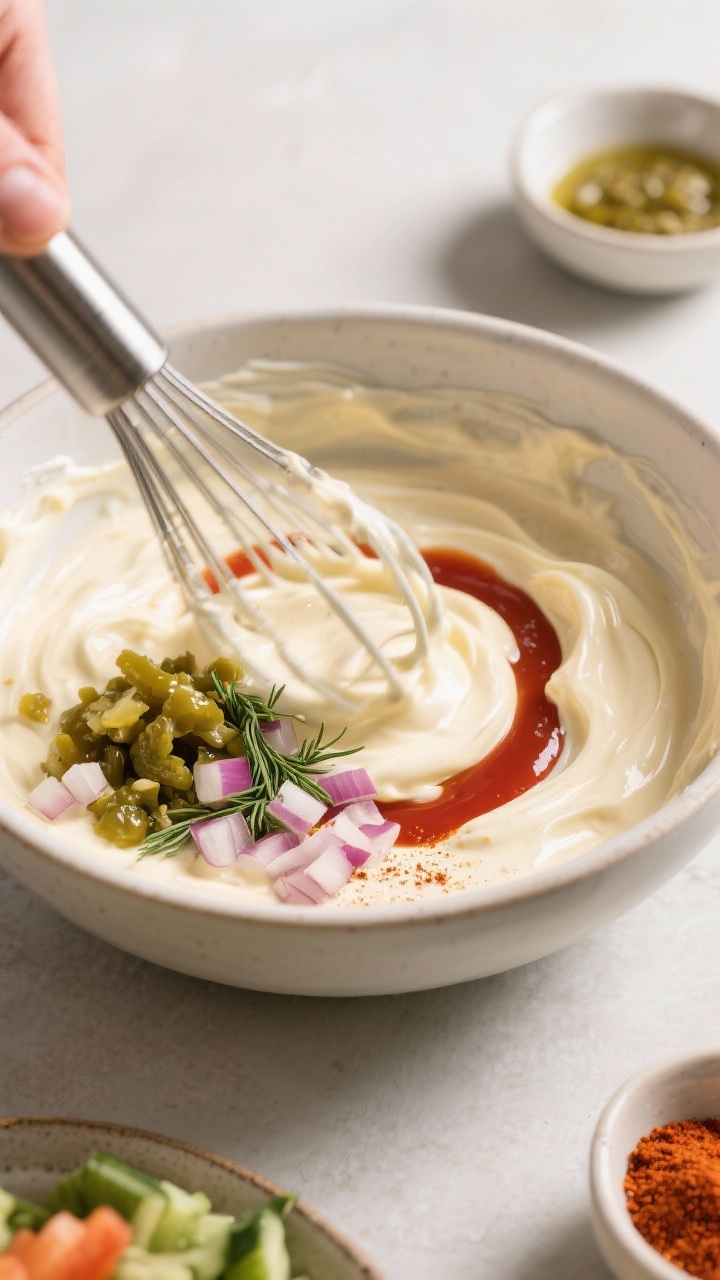 Cooking process: Overhead shot of the dressing being whisked in a mixing bowl—mayonnaise and sugar