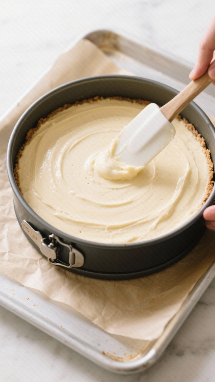 Cooking process: Overhead shot of the filled 9-inch springform pan just after tapping to release air