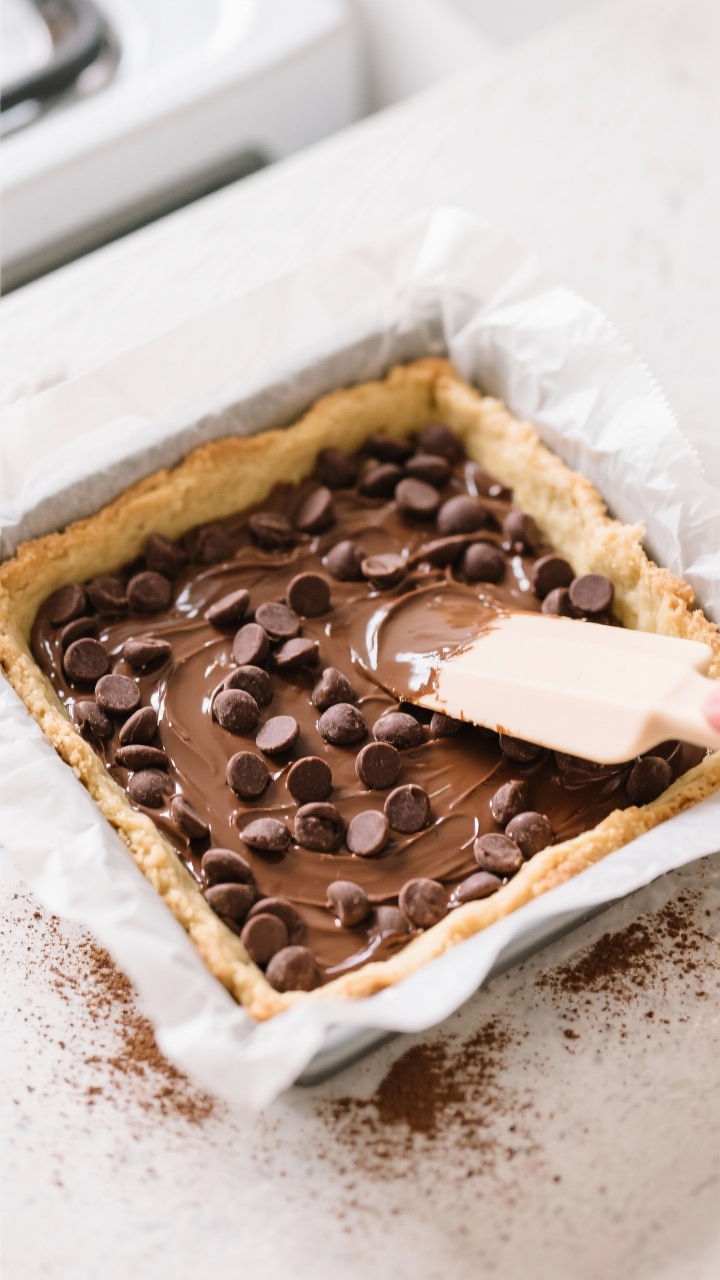 Cooking process: Overhead shot of the freshly baked crust in a parchment-lined 8x8 pan as melted sug