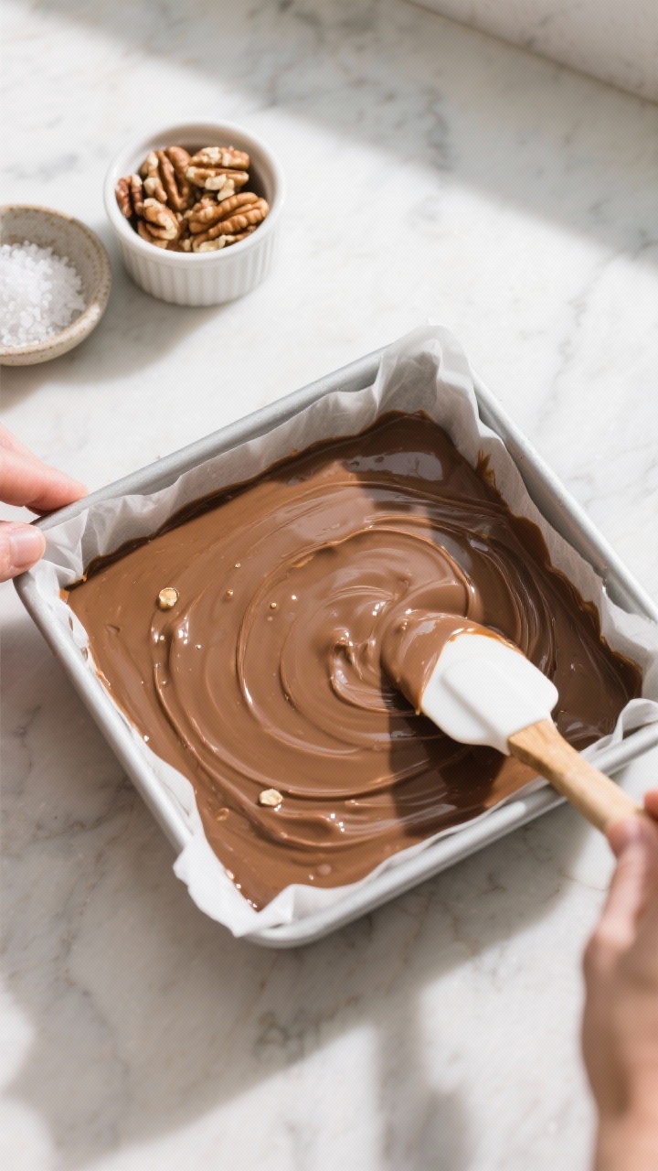 Cooking process: Overhead shot of the freshly poured keto fudge mixture in an 8x8 pan lined with par