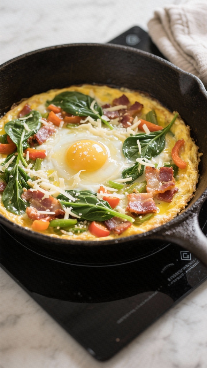 Cooking process: Overhead shot of the frittata right after the egg mixture has been poured over saut