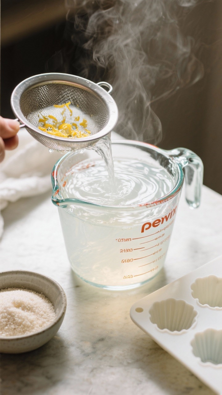 Cooking process: Overhead shot of the gelatin mixture being dissolved—clear, steaming hot liquid i