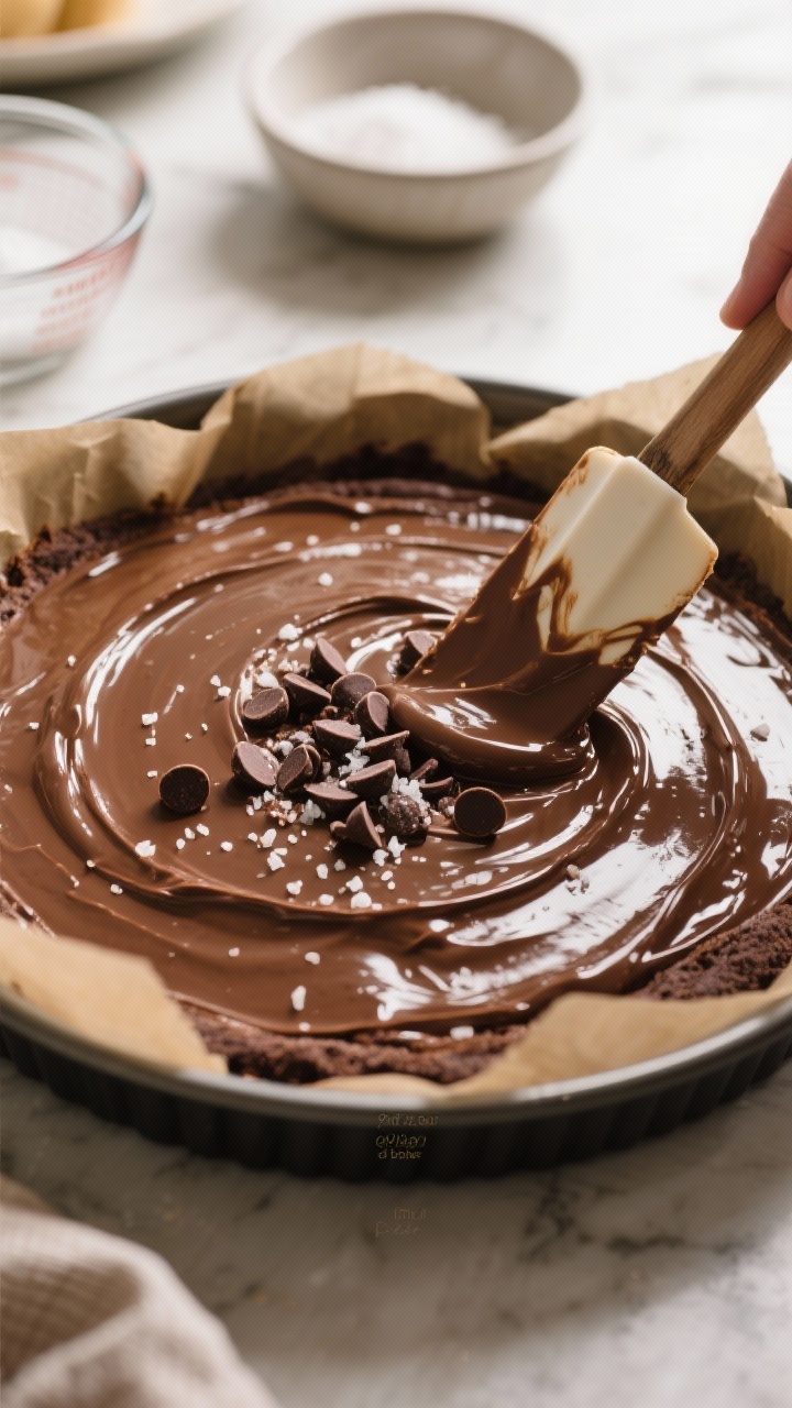Cooking process: Overhead shot of the glossy chocolate batter being smoothed into a parchment-lined 