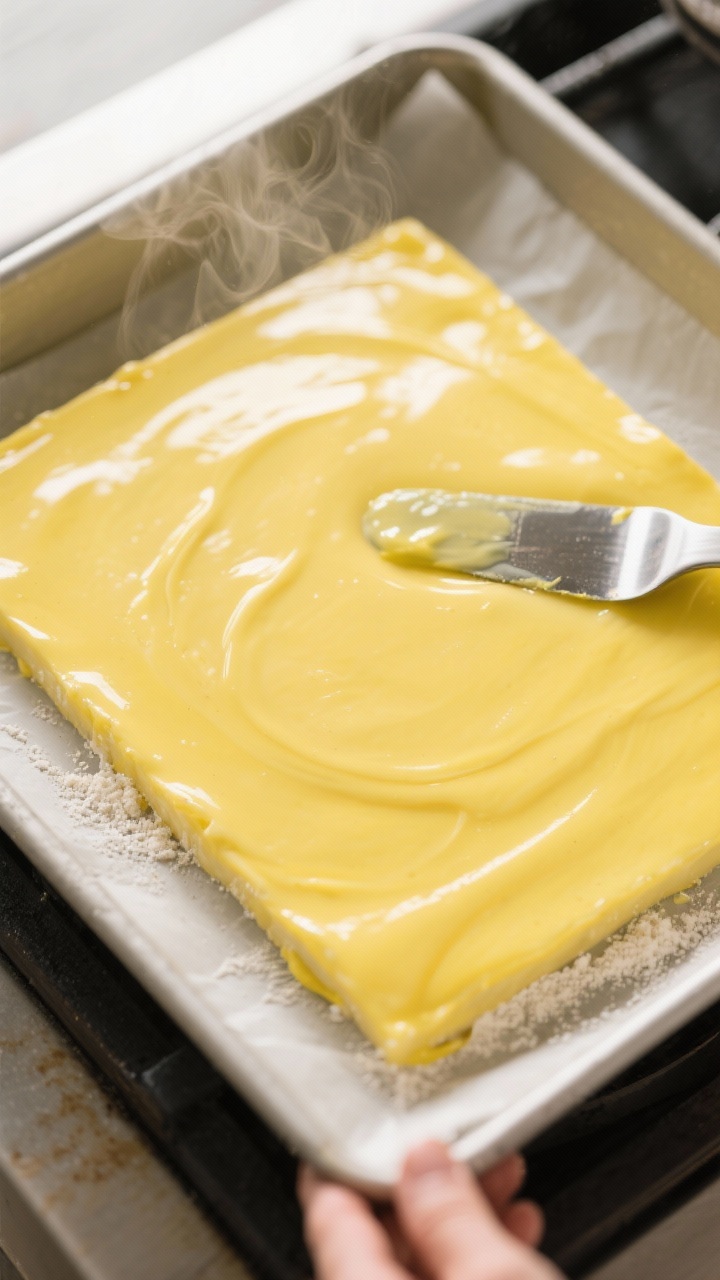 Cooking process: overhead shot of the glossy lemon candy slab just poured and smoothed in an 8-inch 