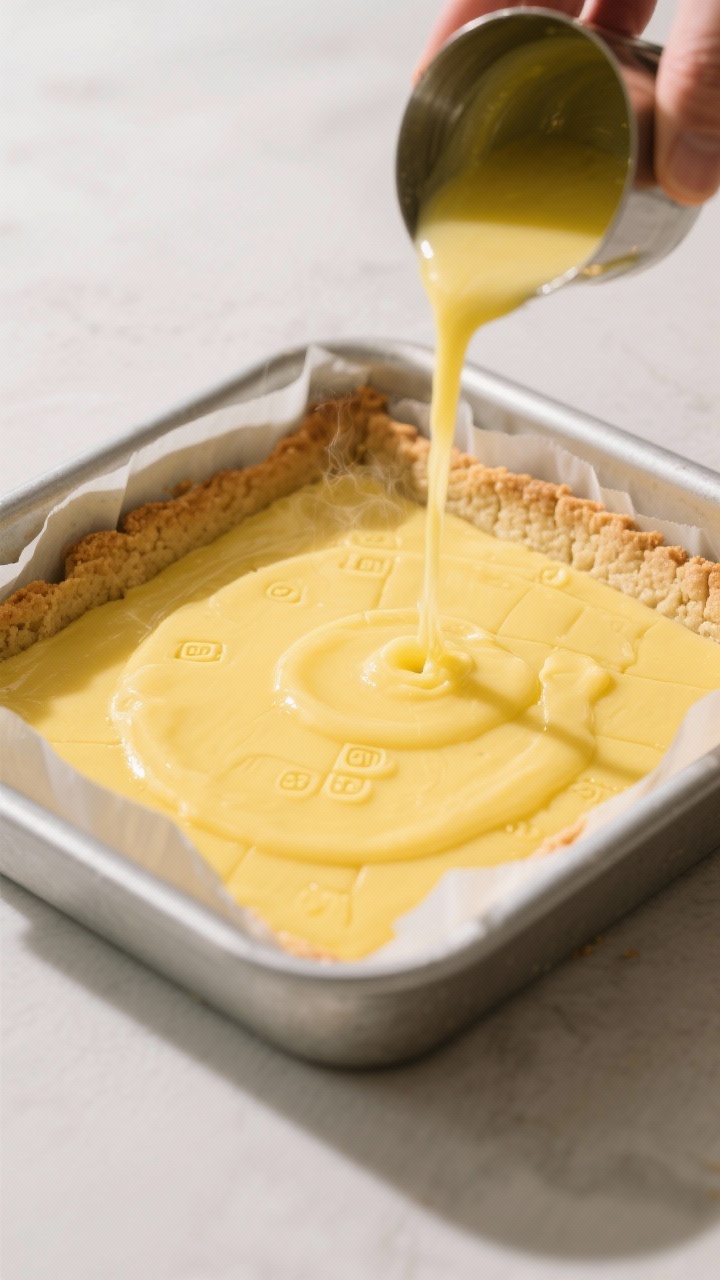 Cooking process: overhead shot of the hot shortbread crust just out of the oven as the silky lemon f