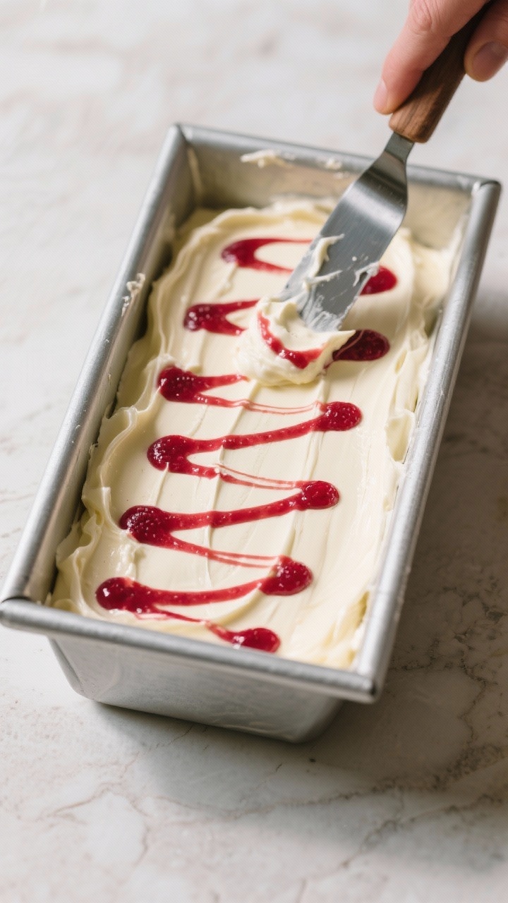 Cooking process: Overhead shot of the “layer and swirl” step—cold loaf pan with one-third of c