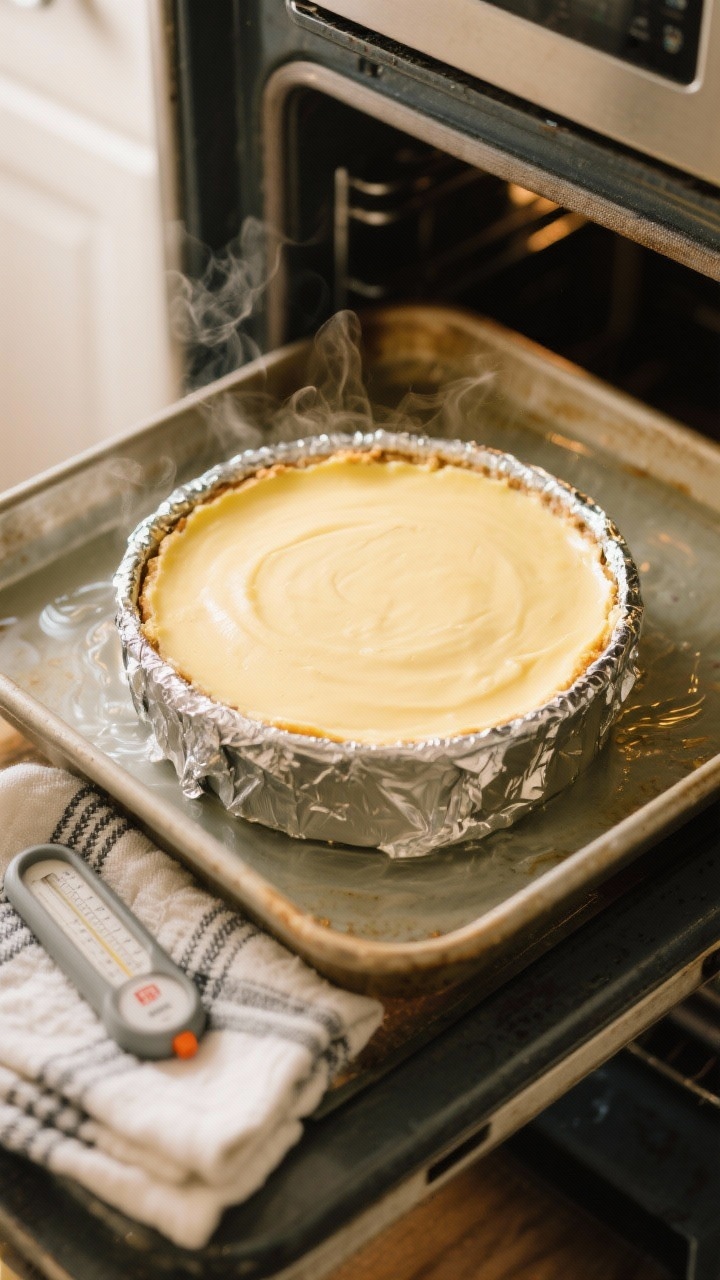 Cooking process: Overhead shot of the lemon cheesecake in a 9-inch springform pan nestled inside a r