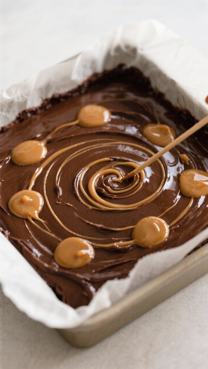 Cooking process: Overhead shot of the lined 8x8-inch pan filled with thick, glossy brownie batter, w